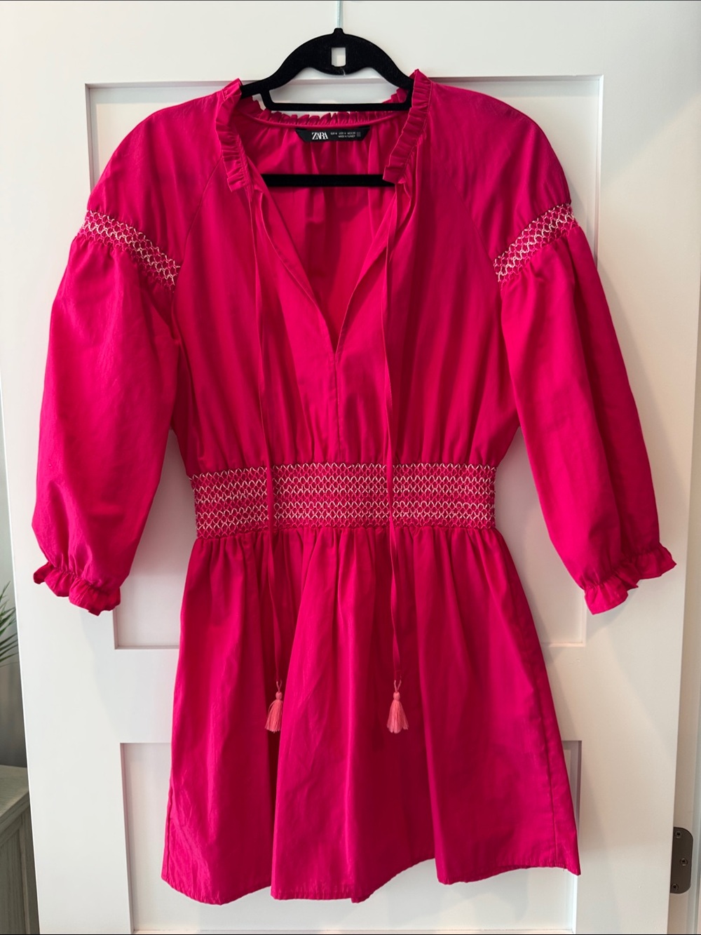 Zara Fuchsia Smocked-Waist Tassel Tunic Dress